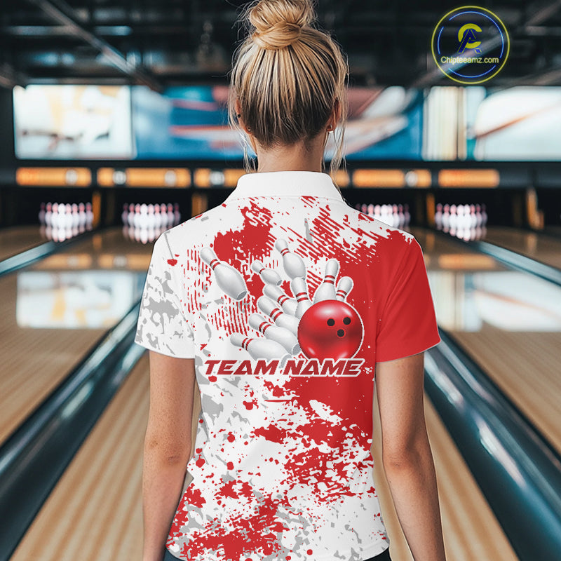 Back view of a female model in a bowling lane wearing a red and white splatter bowling quarter-zip shirt with clean sporty design styling.