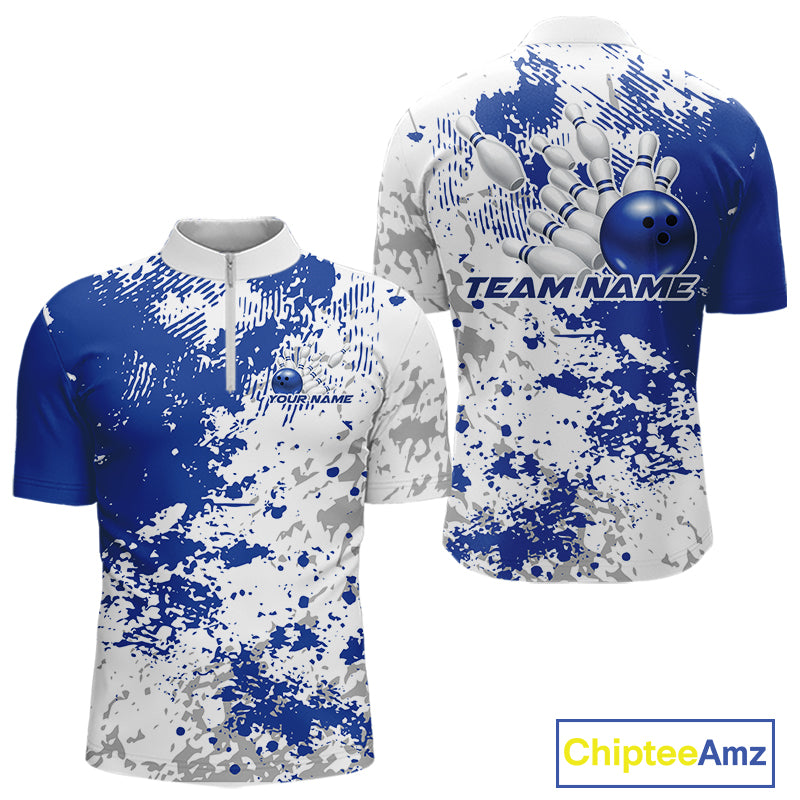 Mens quarter zip bowling shirt mockup displaying blue and white splatter background in a clean abstract sports apparel presentation