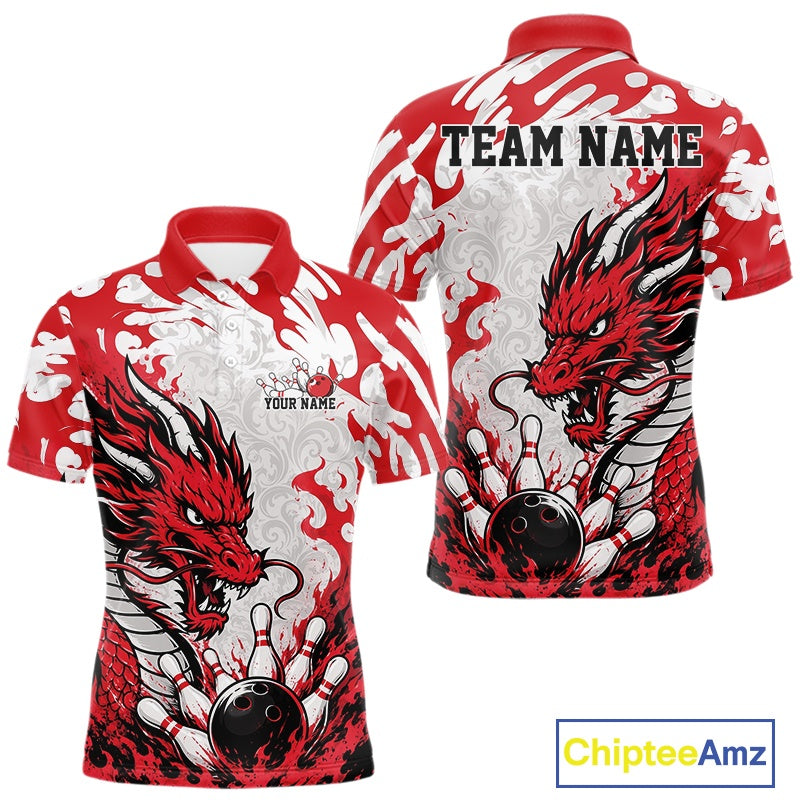 Red and white polo shirt with dragon design on a white background, featuring 'Chiptee Amz' branding.