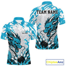 Load image into Gallery viewer, Blue and white dragon-themed bowling shirt with customizable text on a white background
