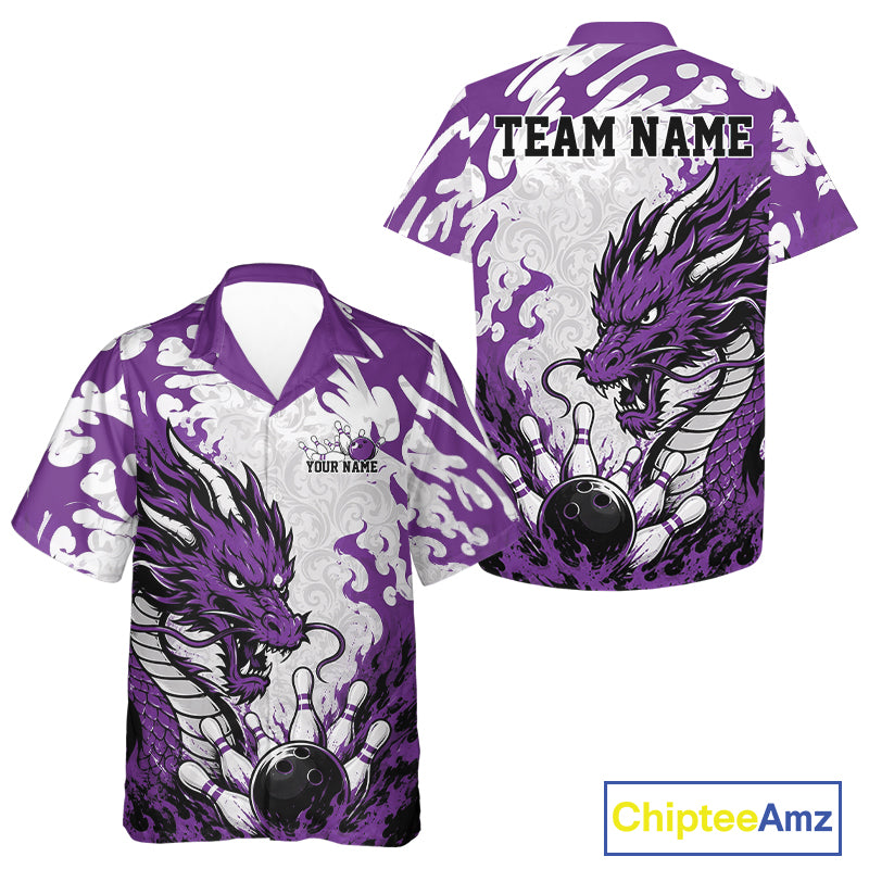 Purple and white bowling shirt with dragon design and customizable text, featuring Chiptee Amz branding.