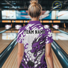 Load image into Gallery viewer, Person wearing a purple bowling shirt with a dragon design in a bowling alley.