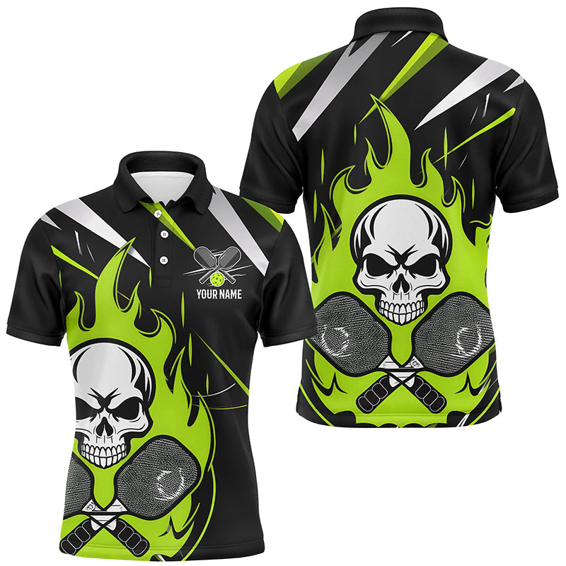 Custom Green Flame Pickleball Shirts For Men, Skull Pickleball Jerseys For Team IPHW6921
