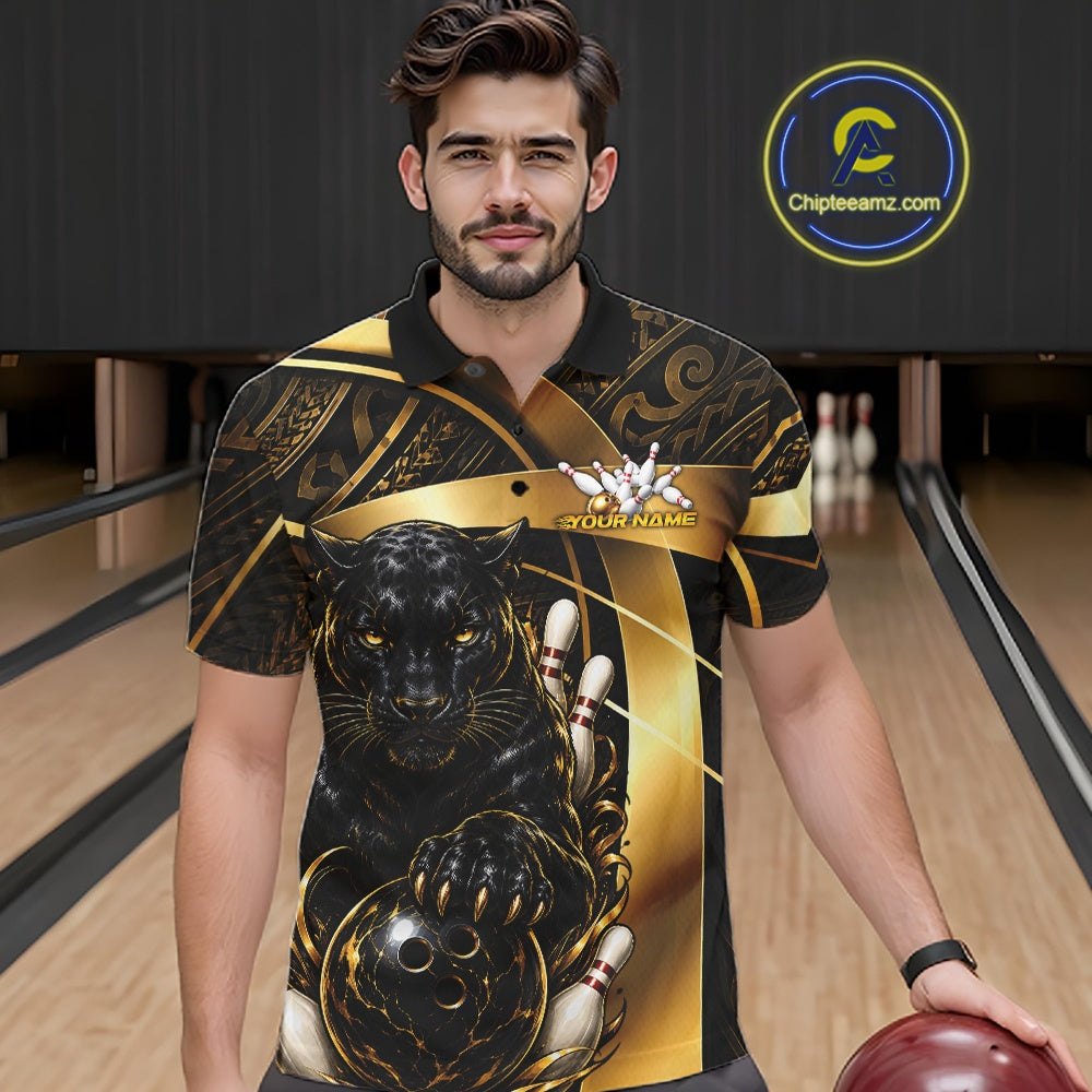 A man wearing a black and gold bowling-themed short-sleeve polo shirt with a large panther graphic, standing in a bowling alley holding a bowling ball. A circular 'Chipeeamz.