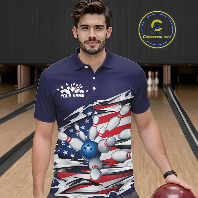 Custom Patriotic Bowling Shirts For Men, US Bowling League Shirts Uniform | Navy IPHW7433