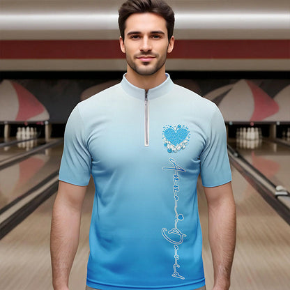 Custom Blue Bowling Heart Quarter-Zip Shirts For Men, Valentine Bowling Couple Outfits IPHW8362