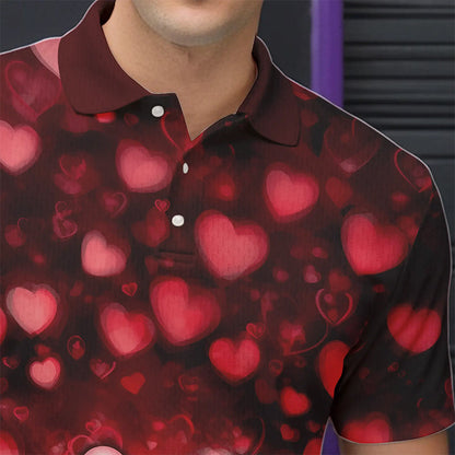 Black And Red Heart Theme Custom Valentines Bowling Polo Shirt For Men, Bowling Couple Outfit IPHW8364
