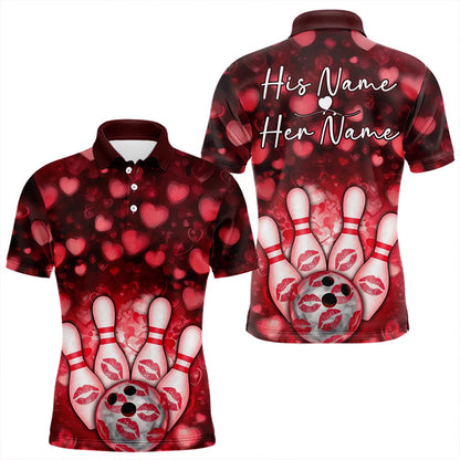 Black And Red Heart Theme Custom Valentines Bowling Polo Shirt For Men, Bowling Couple Outfit IPHW8364