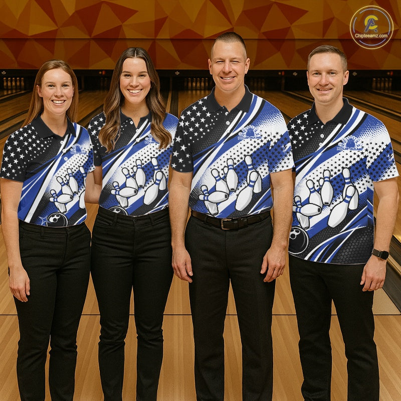 Custom Black And Blue American Flag Patriotic Bowling Shirts, US Flag Bowling League Shirt Bowlers Outfit IPHW10451