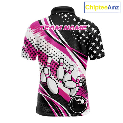 Custom Black And Pink American Flag Patriotic Bowling Shirts, US Flag Bowling League Shirt Bowlers Outfit IPHW10452