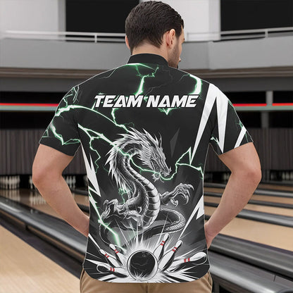 Custom Black And Green Thunder Lightning Dragon Bowling Team Quarter-Zip Shirts For Men IPHW8555