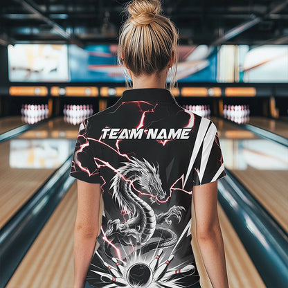 Custom Black And Red Thunder Lightning Dragon Bowling Team Polo Shirts For Women IPHW8556