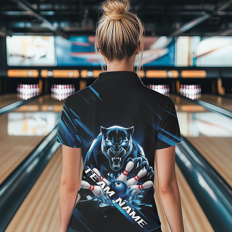 Custom Black And Blue Panther Bowling Womens Quarter-Zip Shirts, Bowling Team Uniform IPHW8563