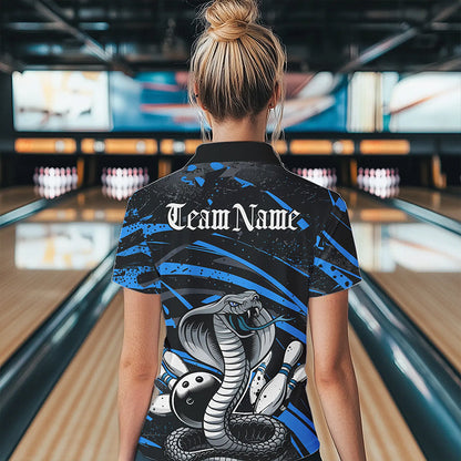 Custom Black And Blue Cobra Snake Bowling Womens Quarter-Zip Shirts, Bowling League Shirts IPHW8566