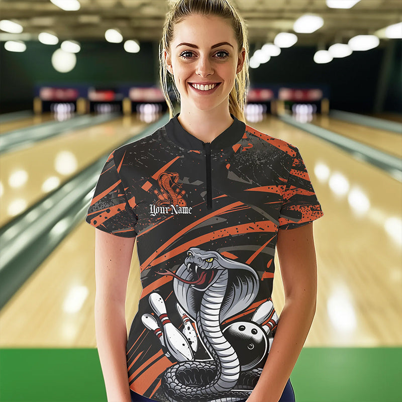 Custom Black And Orange Cobra Snake Bowling Womens Quarter-Zip Shirt, Bowling League Shirts IPHW8567
