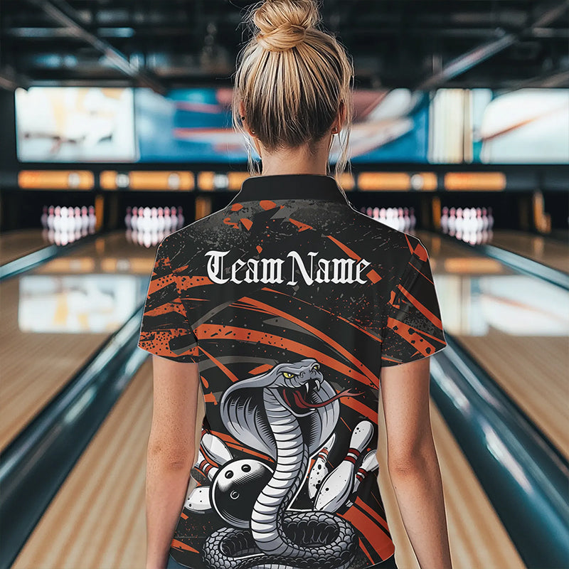 Custom Black And Orange Cobra Snake Bowling Womens Quarter-Zip Shirt, Bowling League Shirts IPHW8567