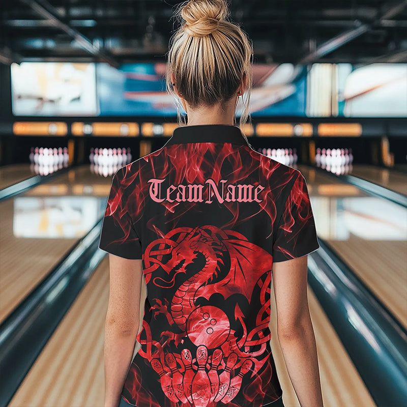 Custom Red Fire Viking Dragon Bowling Women Quarter-Zip Team Shirts, Celtic Bowling Shirts IPHW8873