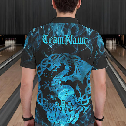 Custom Blue Fire Flame Viking Dragon Bowling Polo Team Shirts For Men, Celtic Bowling Shirt IPHW8874