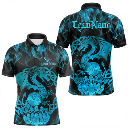 Custom Blue Fire Flame Viking Dragon Bowling Polo Team Shirts For Men, Celtic Bowling Shirt IPHW8874