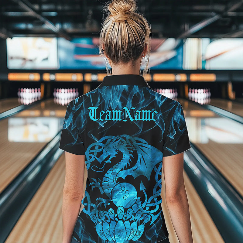 Custom Blue Fire Viking Dragon Bowling Women Quarter-Zip Team Shirts, Celtic Bowling Shirt IPHW8874