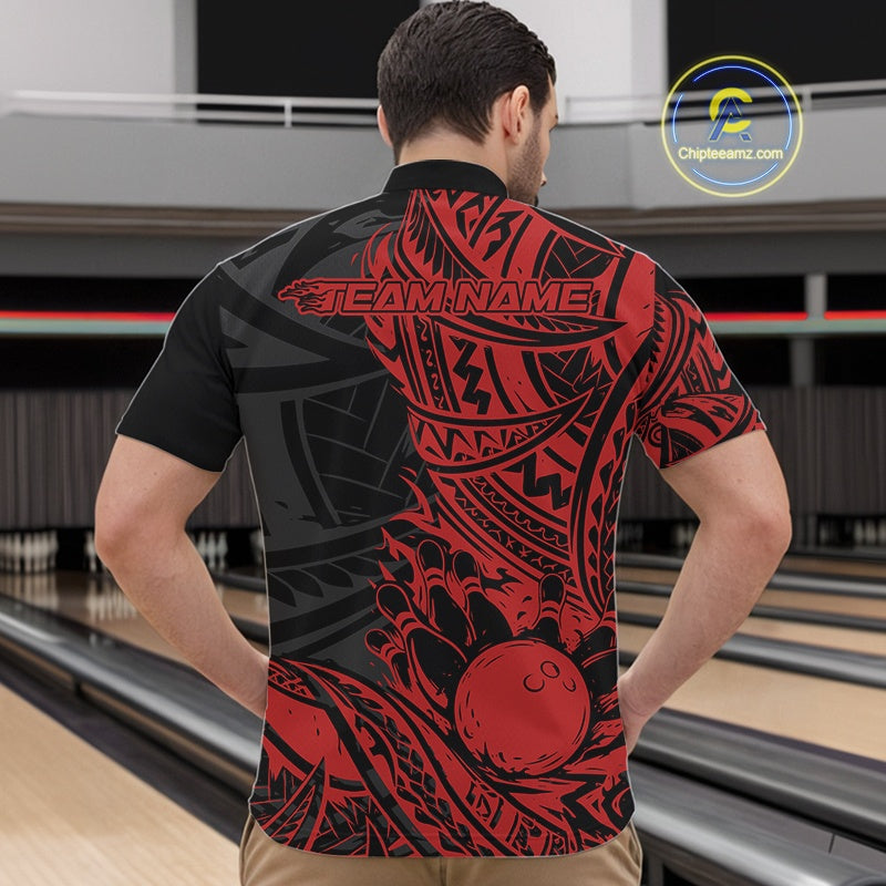 Custom Black And Red Maori Style Koru Spiral Tribal Men Bowling Quarter-Zip Team Shirt IPHW10956
