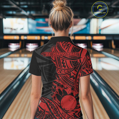 Custom Black And Red Maori Style Koru Spiral Tribal Women Bowling Quarter-Zip Team Shirt IPHW10956
