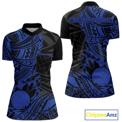 Custom Black And Blue Maori Style Koru Spiral Tribal Women Bowling Quarter-Zip Shirt IPHW10957