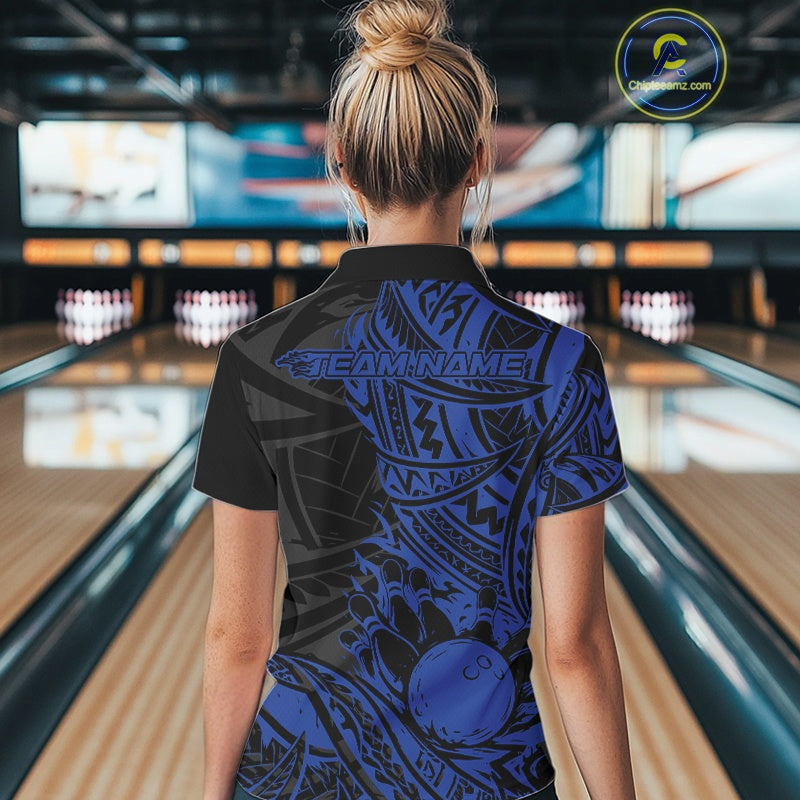 Custom Black And Blue Maori Style Koru Spiral Tribal Women Bowling Quarter-Zip Shirt IPHW10957