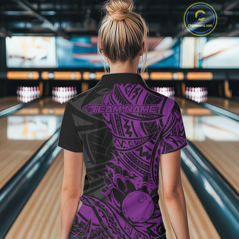 Custom Black And Purple Maori Style Koru Spiral Tribal Women Bowling Quarter-Zip Shirt IPHW10959