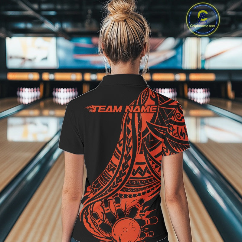 Custom Black And Orange Maori Style Koru Spiral Tribal Women Bowling Quarter-Zip Shirt IPHW10964