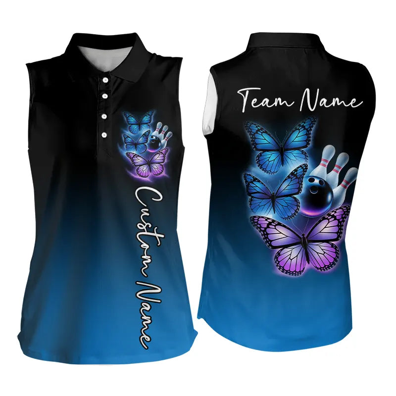 Custom Blue And Purple Butterfly Bowling Sleeveless Polo Shirts For Women, Bowling Team Shirt IPHW8148
