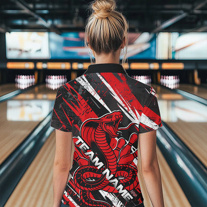 Custom Black And Red Cobra Snake Bowling Jerseys, Bowling Team Polo Shirts For Women IPHW8580
