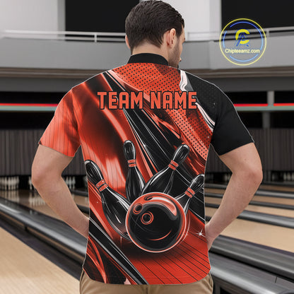 Front view of a male model in a black and orange bowling quarter-zip shirt featuring dynamic bowling motion artwork.