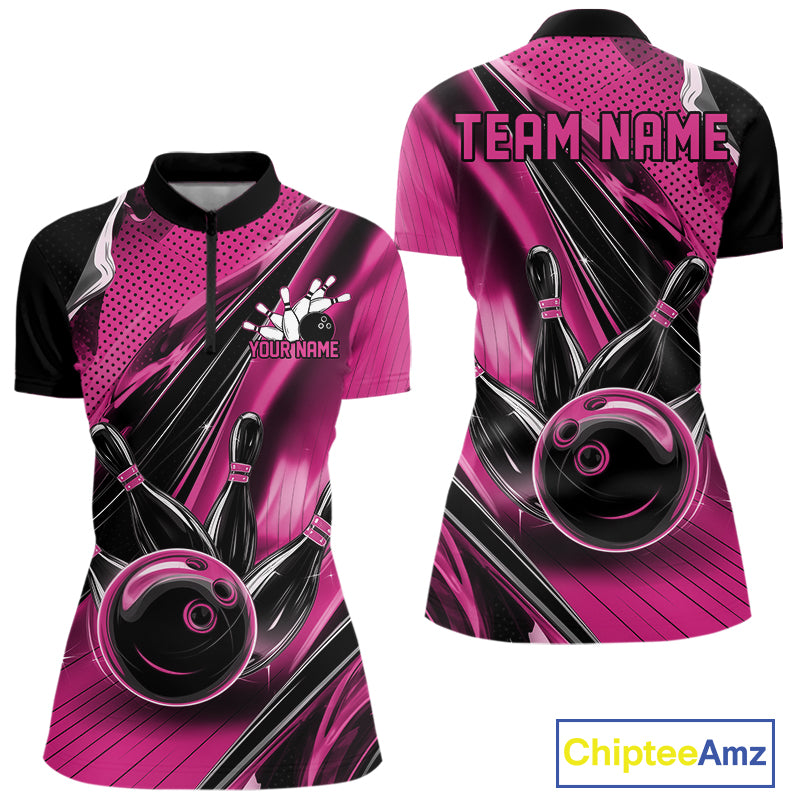 Front and back views of a black and pink womens bowling quarter-zip shirt featuring a bowling ball striking pins with dynamic speed streaks.