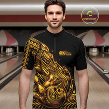 Load image into Gallery viewer, Custom Black And Gold Tribal Flame Bowling Men Quarter-Zip Shirts, Polynesian Bowler Outfit IPHW10973