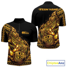 Load image into Gallery viewer, Custom Black And Gold Tribal Flame Bowling Men Quarter-Zip Shirts, Polynesian Bowler Outfit IPHW10973