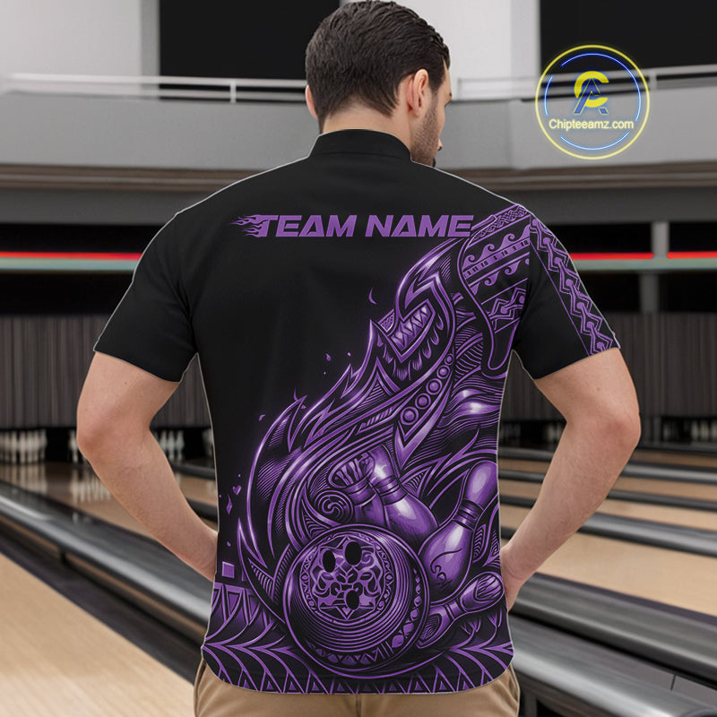 Front view of a male model in a black and purple bowling quarter-zip shirt showcasing Polynesian-inspired bowling artwork.