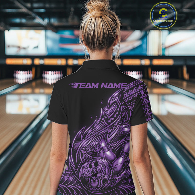 Back view of a female model in a black and purple bowling quarter-zip shirt showcasing Polynesian-inspired bowling graphics.