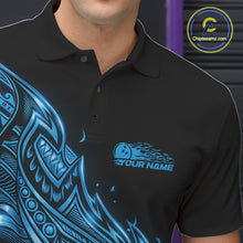 Load image into Gallery viewer, Custom Black And Blue Tribal Flame Bowling Men Polo Shirts, Polynesian Bowler Outfit IPHW10975