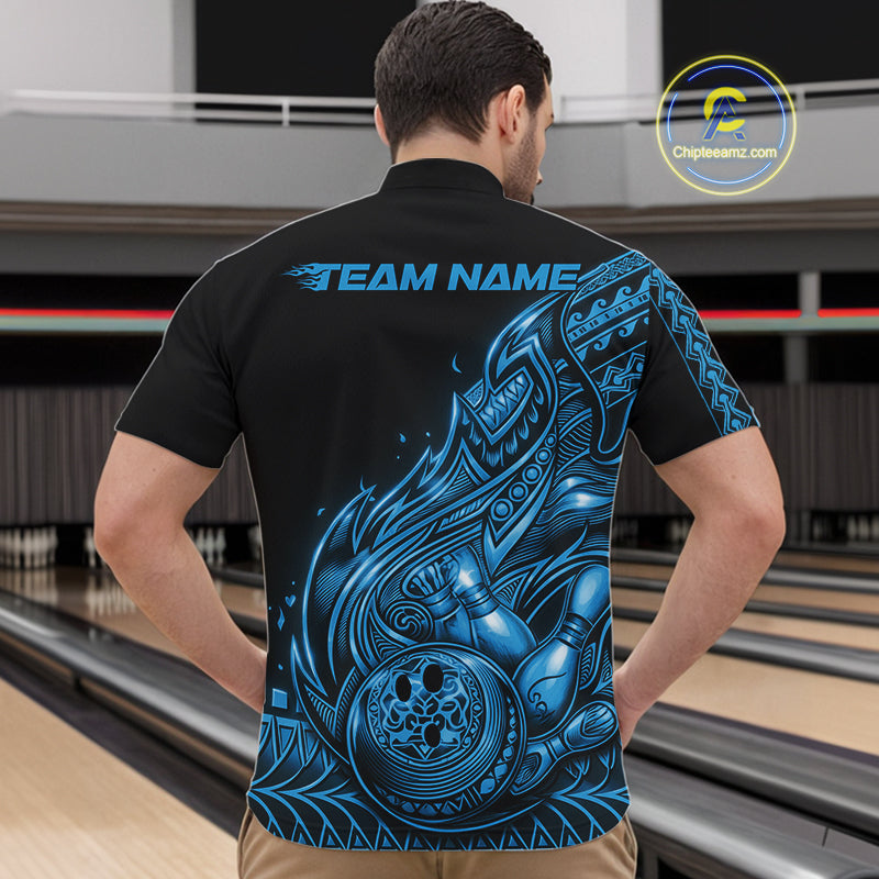 Front view of a male model in a black and blue bowling quarter-zip shirt featuring tribal flame bowling graphics.