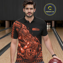 Load image into Gallery viewer, Custom Black And Orange Tribal Flame Bowling Men Polo Shirts, Polynesian Bowler Outfit IPHW10976