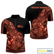 Load image into Gallery viewer, Custom Black And Orange Tribal Flame Bowling Men Quarter-Zip Shirts, Polynesian Bowler Outfit IPHW10976