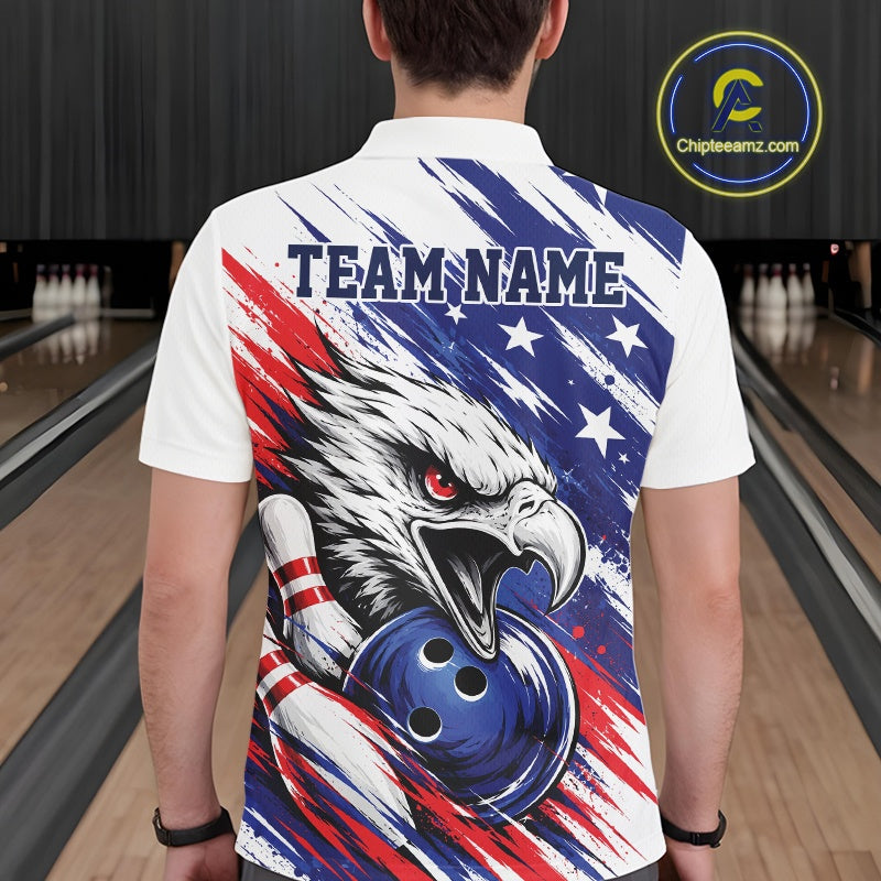 Male model showcasing the back design of a custom red, white, and blue patriotic eagle men's bowling polo shirt with a customizable "TEAM NAME" text template at a bowling alley lane.
