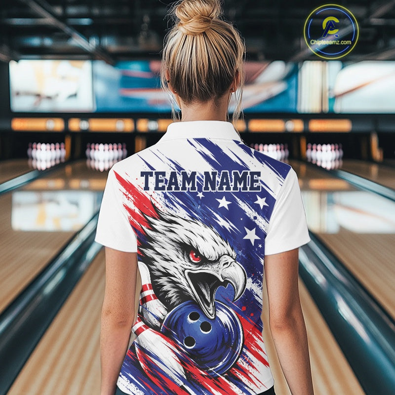 Women wearing a bowling shirt with an patritoic eagle design and 'TEAM NAME' text in a bowling alley.