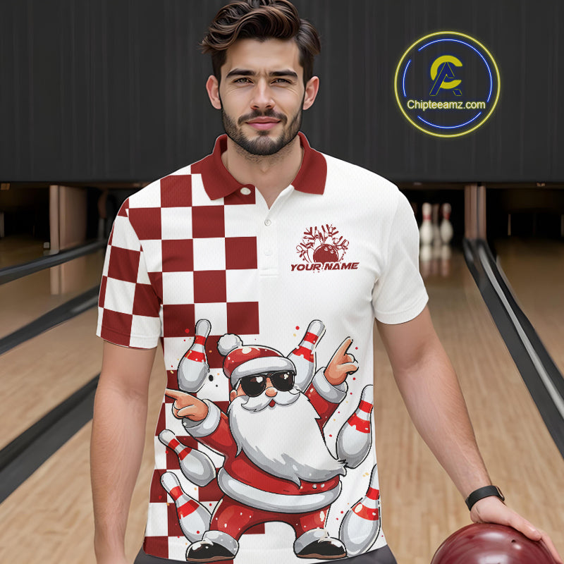 Custom Funny Santa Claus Christmas Bowling Men Polo Shirts, Xmas Bowling Team Shirt IPHW10110