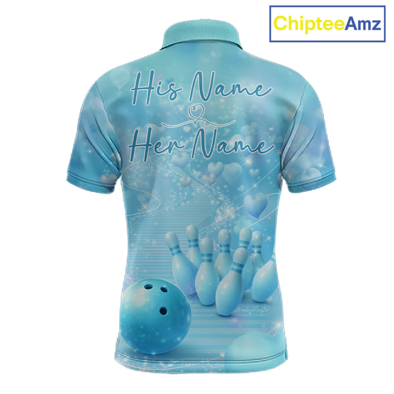 Custom Blue Valentine Bowling Shirts For Couple, Heart Theme Bowling Jerseys With His Name And Her Name IPHW10479