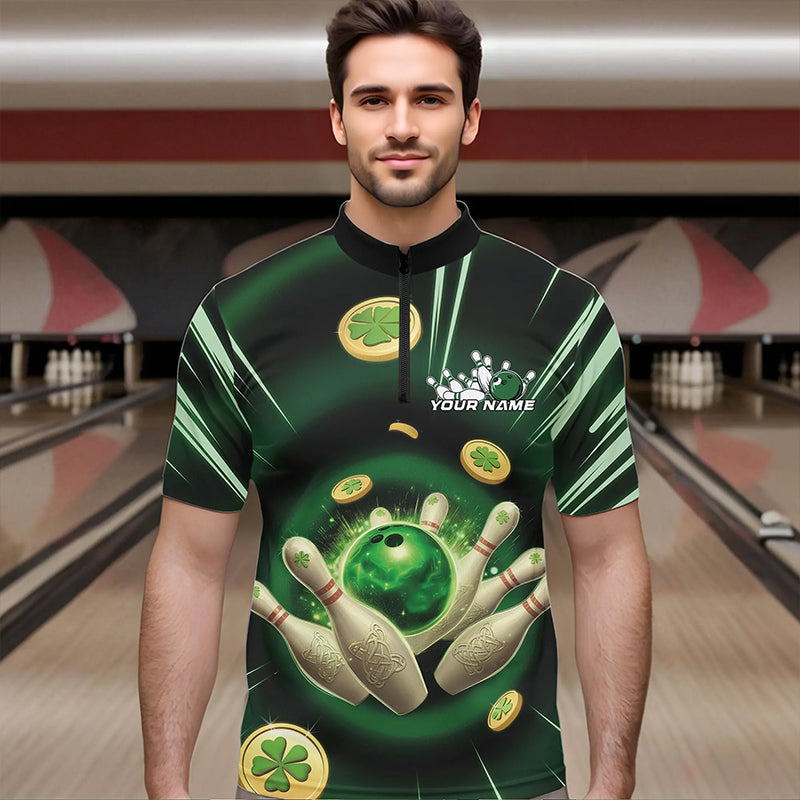 Custom Lucky Strike Saint Patricks Bowling Quarter-Zip Team Shirts For Men, Green Bowling Shirt IPHW8583