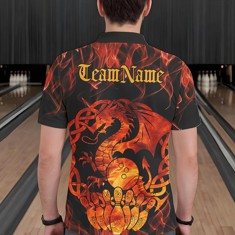 Custom Fire Flame Viking Dragon Bowling Polo Team Shirts For Men, Celtic Bowling Shirts IPHW8587