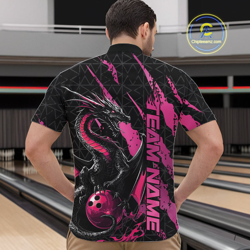 Custom Black And Pink Dragon Bowling Men Quarter-Zip Shirts, Team Bowling Jerseys IPHW10749