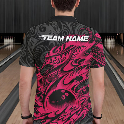 Custom Black And Pink Tribal Polynesian Bowling Team Men Shirts, Niho Mano Bowling Shirt IPHW10755